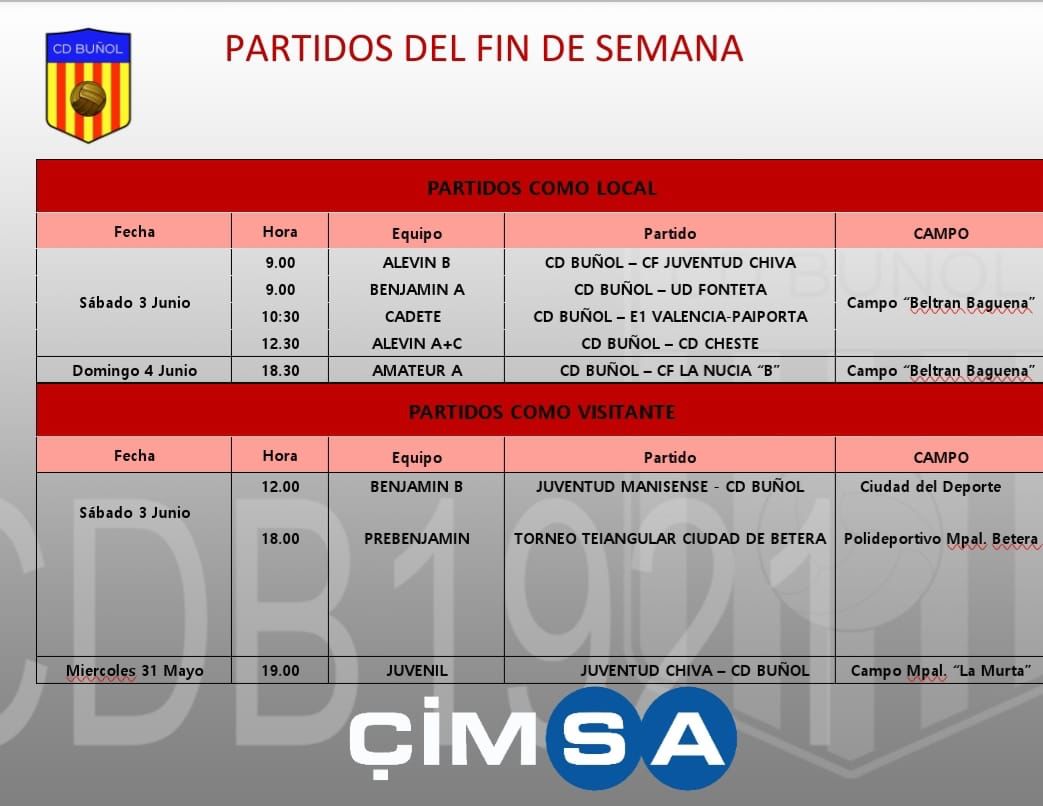 Horarios CD Buñol 04-06-23